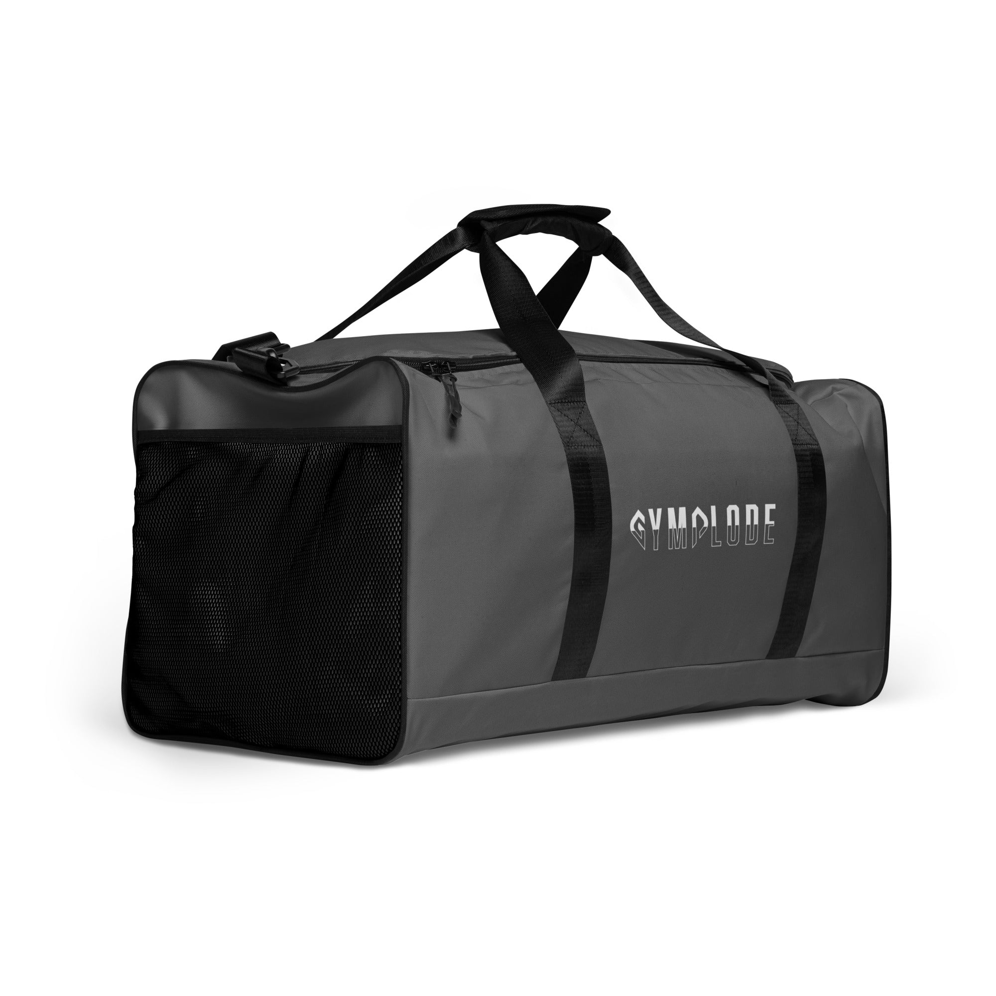Dusky grey square end Gymplode duffle bag with signature logo, right front view