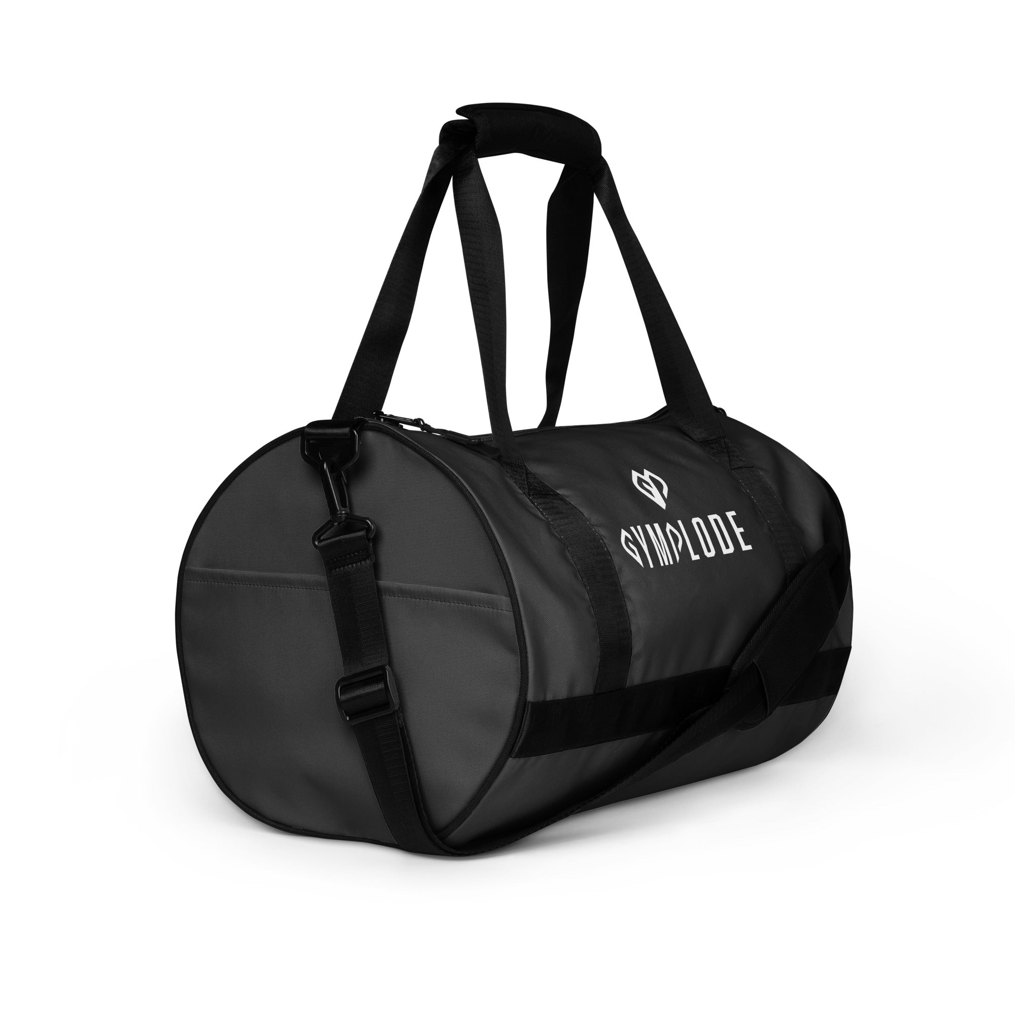 Eclipse grey rounded end Gymplode duffle bag with dual mark, right front view