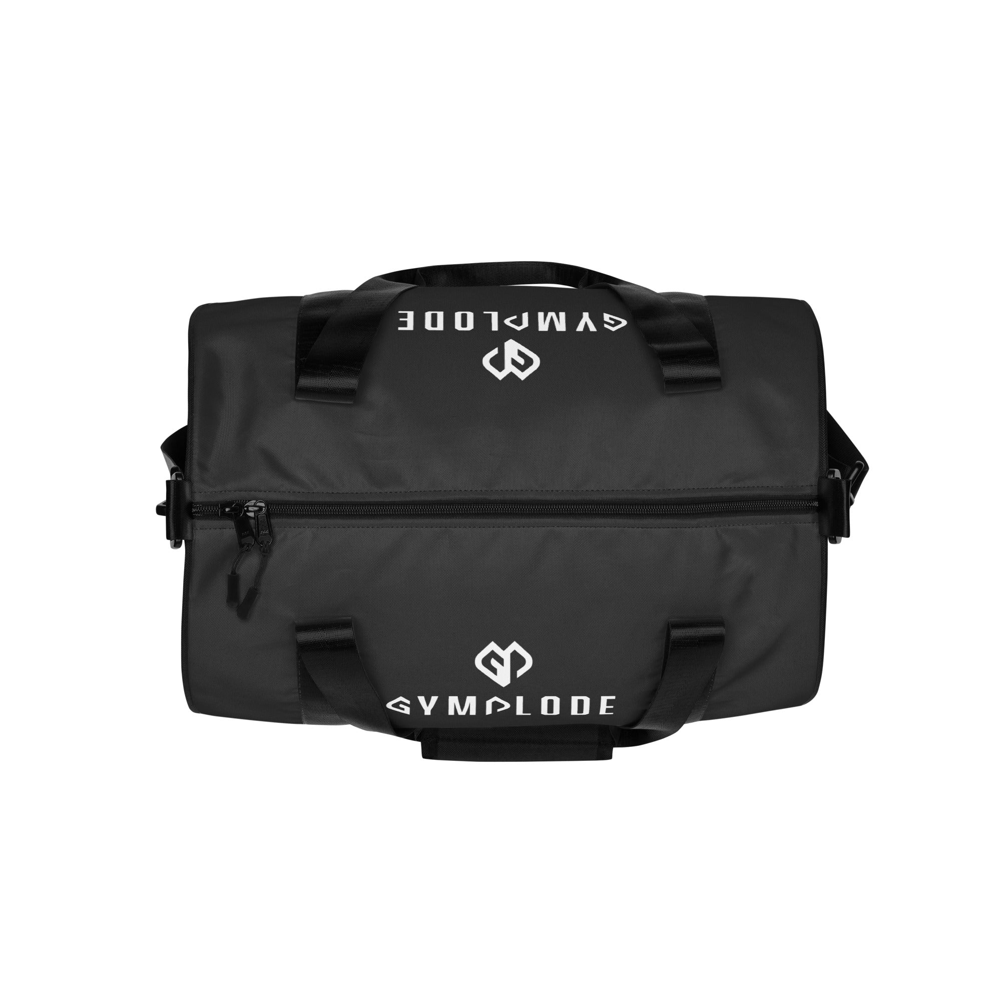 Eclipse grey rounded end Gymplode duffle bag with dual mark on both sides, top view
