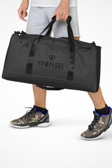 Eclipse grey square end Gymplode duffle bag with dual mark, front view with model