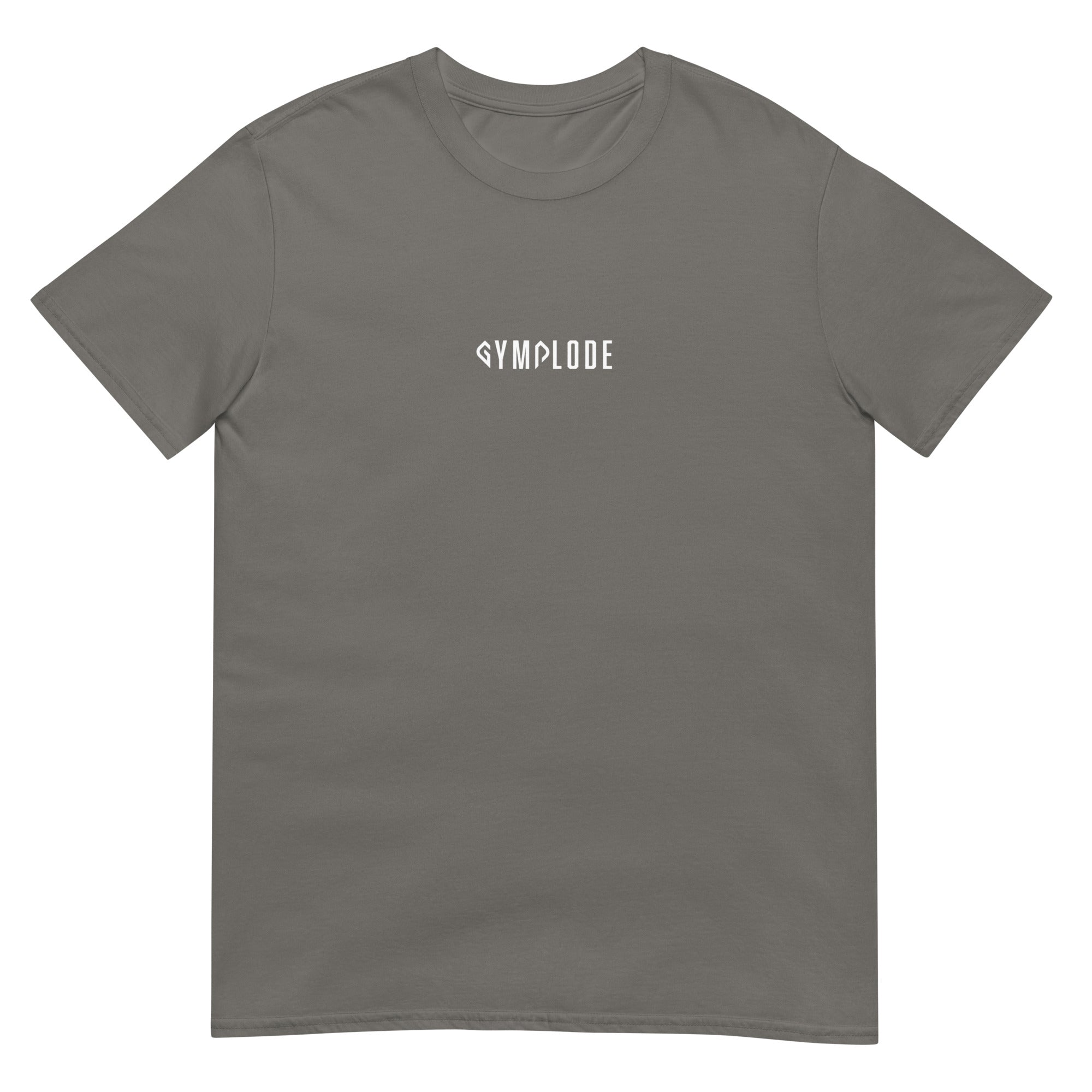 Everyday unisex charcoal Gymplode t-shirt with signature logo print, front view