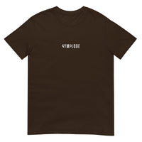 Everyday unisex dark chocolate Gymplode t-shirt with signature logo print, front view
