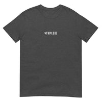 Everyday unisex dark heather grey Gymplode t-shirt with signature logo print, front view