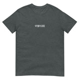 Everyday unisex dark heather Gymplode t-shirt with signature logo print, front view