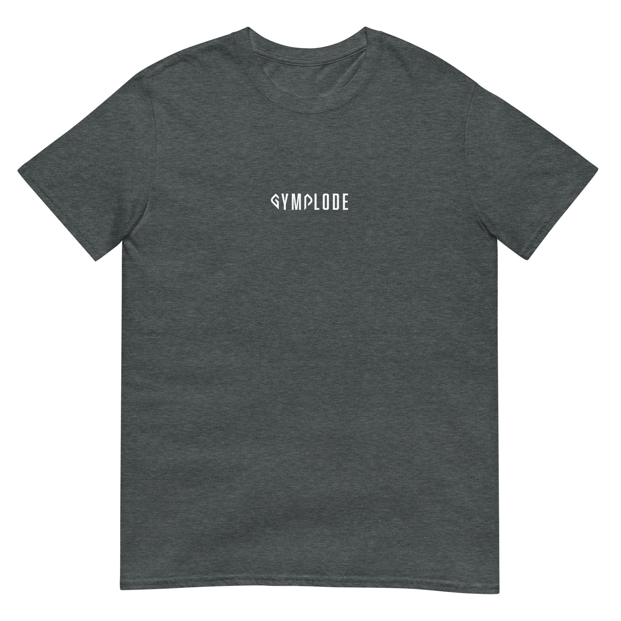 Everyday unisex dark heather Gymplode t-shirt with signature logo print, front view