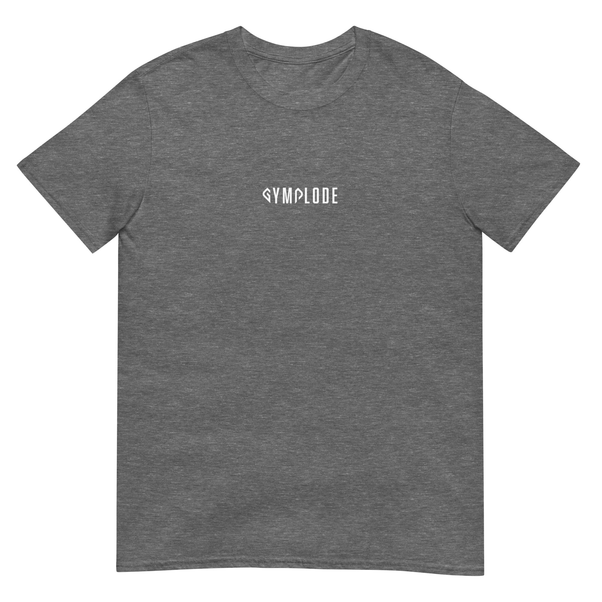 Everyday unisex graphite heather Gymplode t-shirt with signature logo print, front view