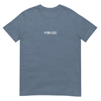 Everyday unisex heather indigo Gymplode t-shirt with signature logo print, front view