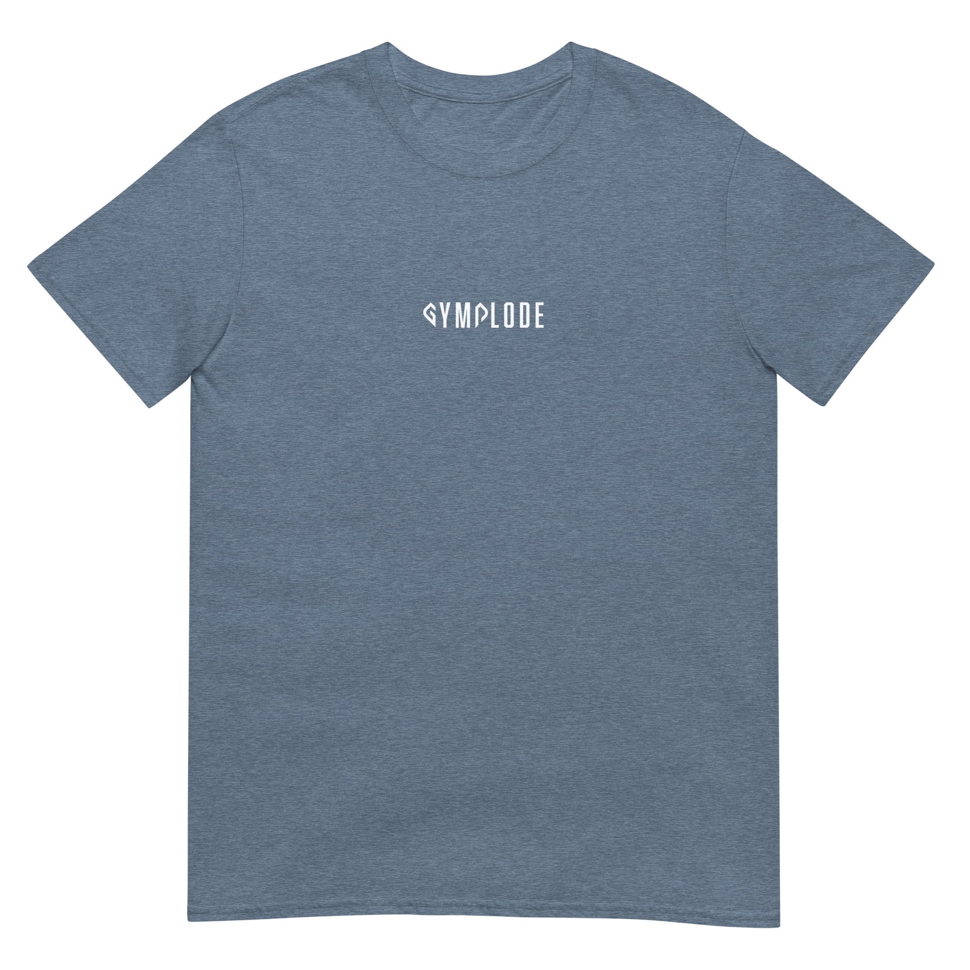Everyday unisex heather indigo Gymplode t-shirt with signature logo print, front view