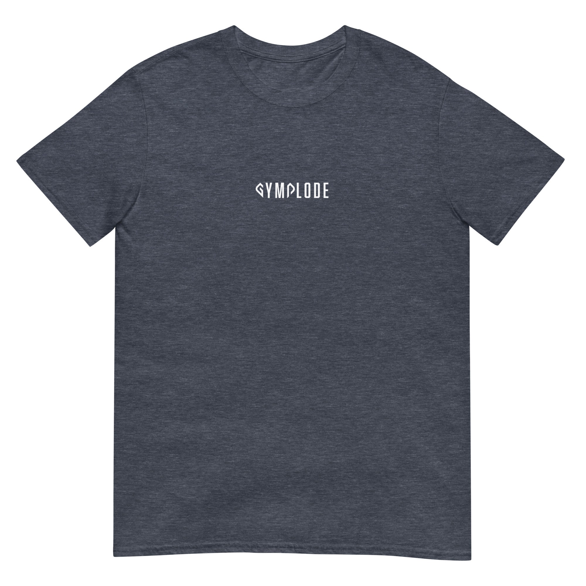 Everyday unisex heather navy Gymplode t-shirt with signature logo print, front view