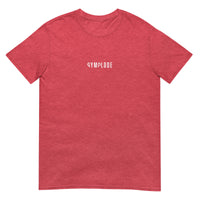Everyday unisex heather red Gymplode t-shirt with signature logo print, front view