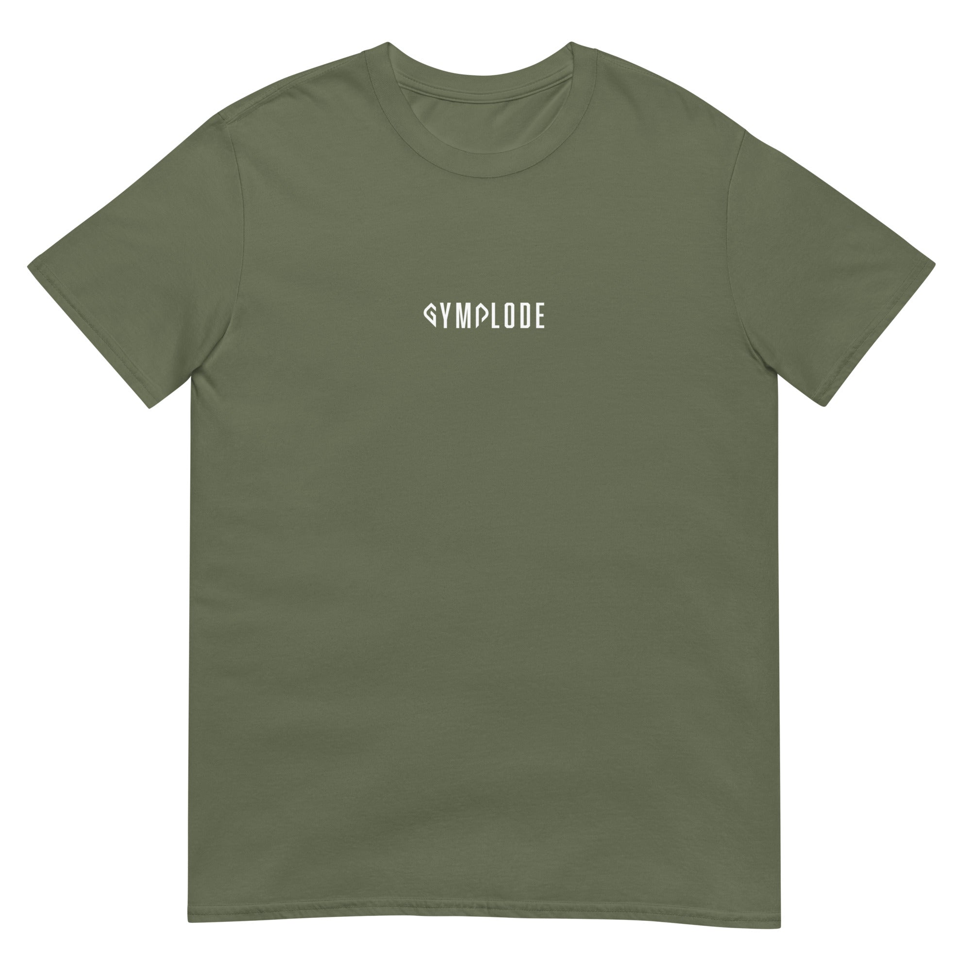Everyday unisex military green Gymplode t-shirt with signature logo print, front view