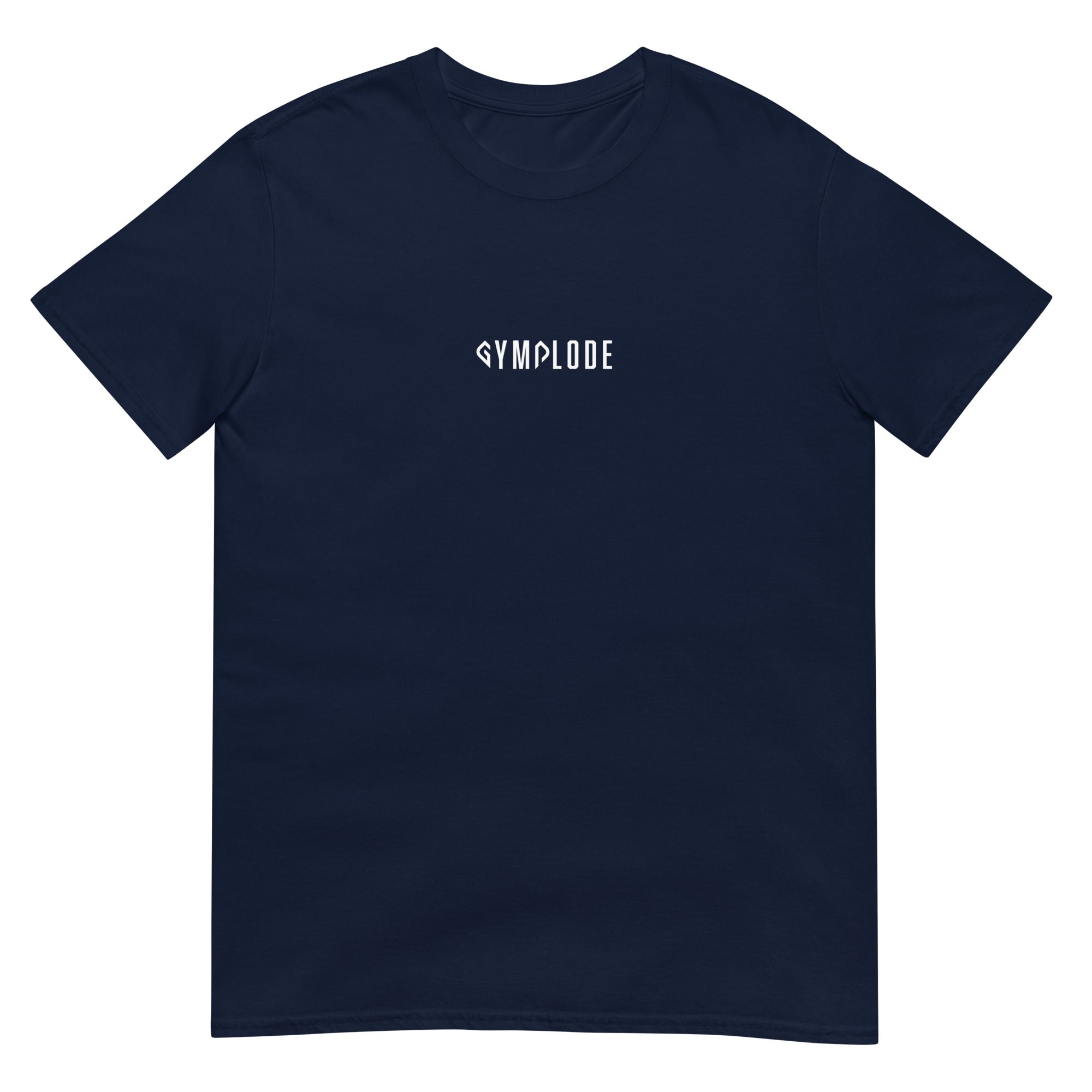 Everyday unisex navy Gymplode t-shirt with signature logo print, front view