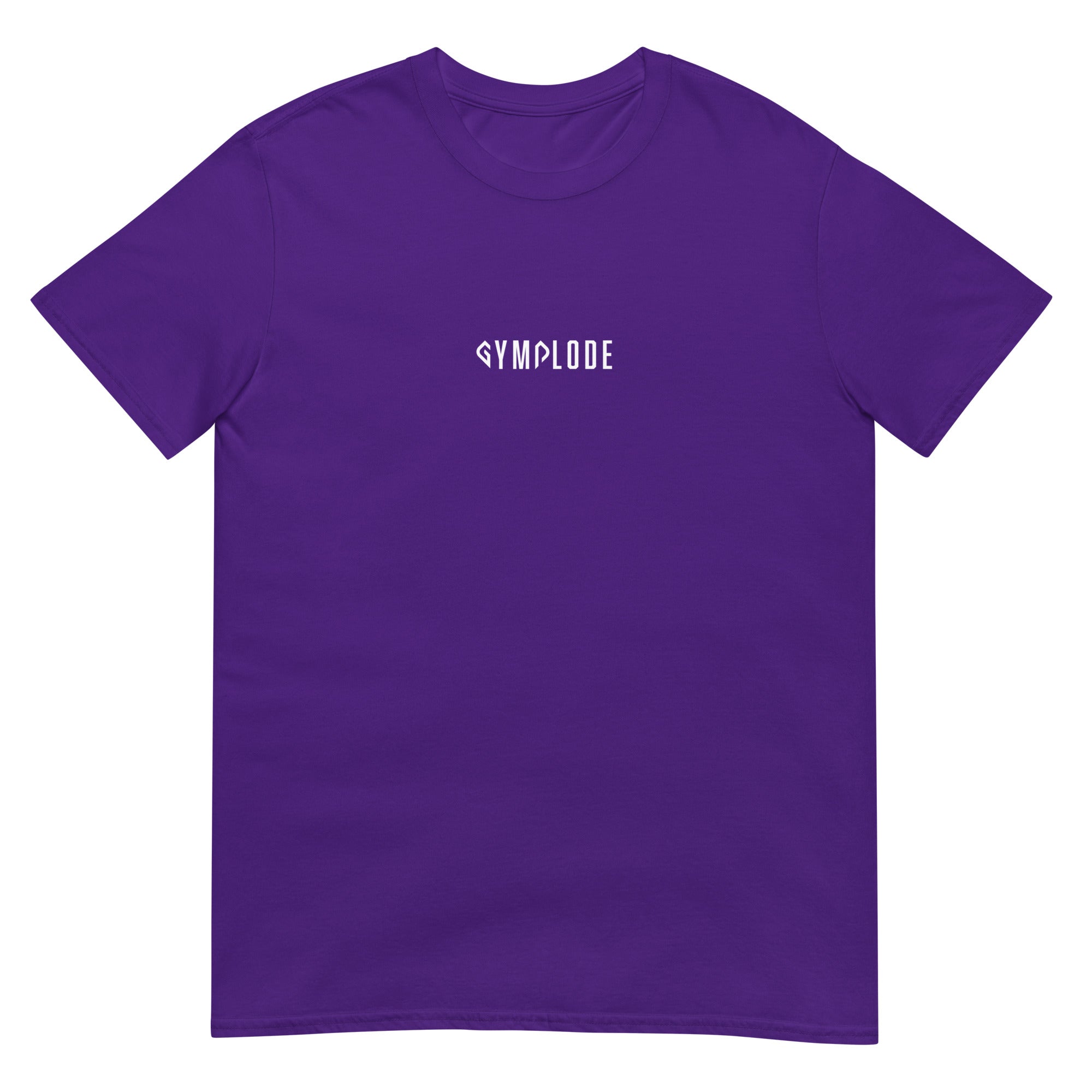 Everyday unisex purple Gymplode t-shirt with signature logo print, front view