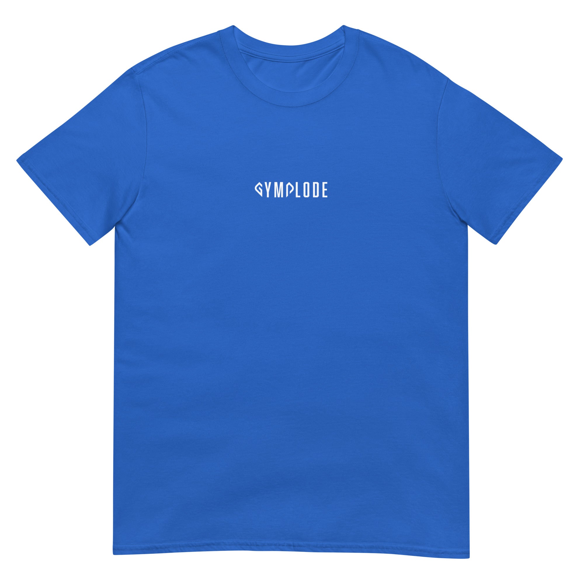 Everyday unisex royal Gymplode t-shirt with signature logo print, front view