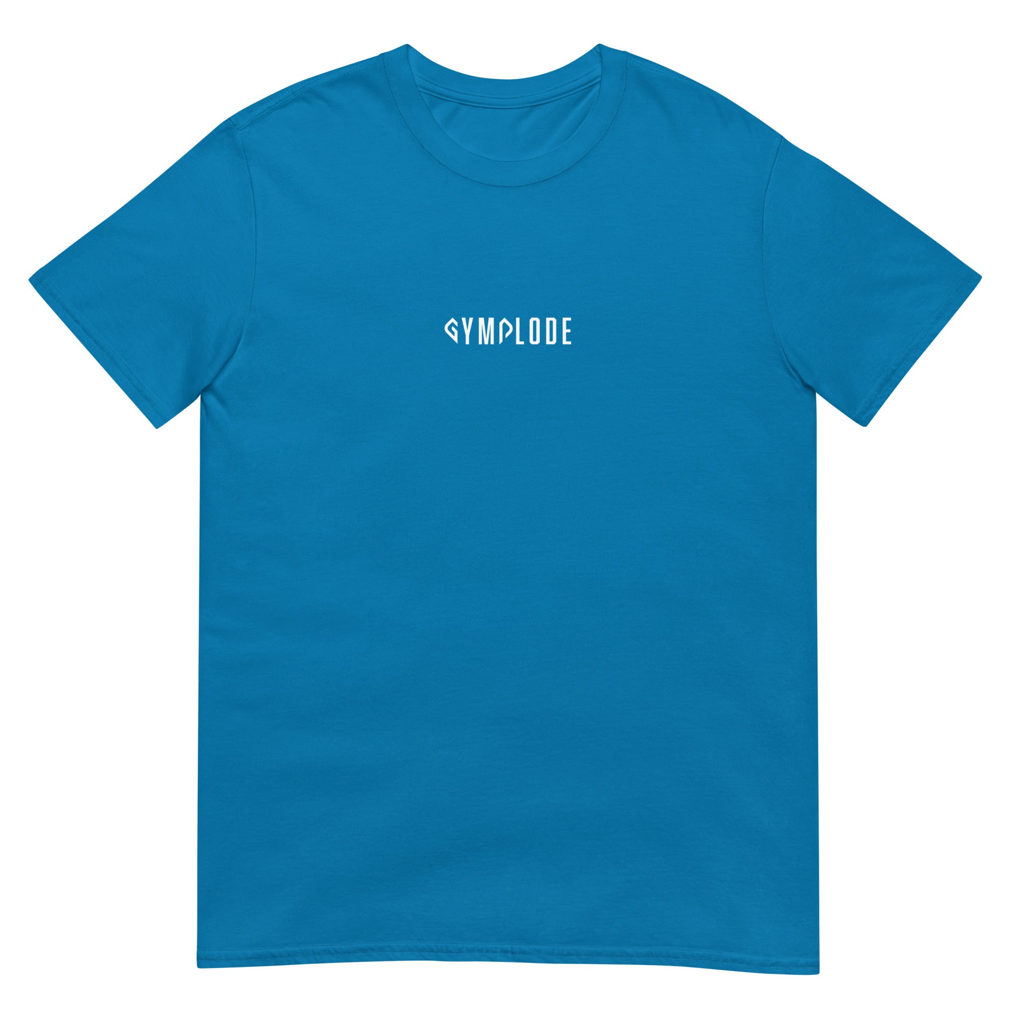 Everyday unisex sapphire Gymplode t-shirt with signature logo print, front view