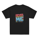 Fearless kids unisex black Gymplode t-shirt with Never Underestimate Me imprint, front view