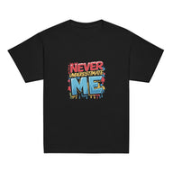 Fearless kids unisex black Gymplode t-shirt with Never Underestimate Me imprint, front view