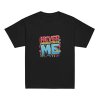 Fearless kids unisex black Gymplode t-shirt with Never Underestimate Me imprint, front view