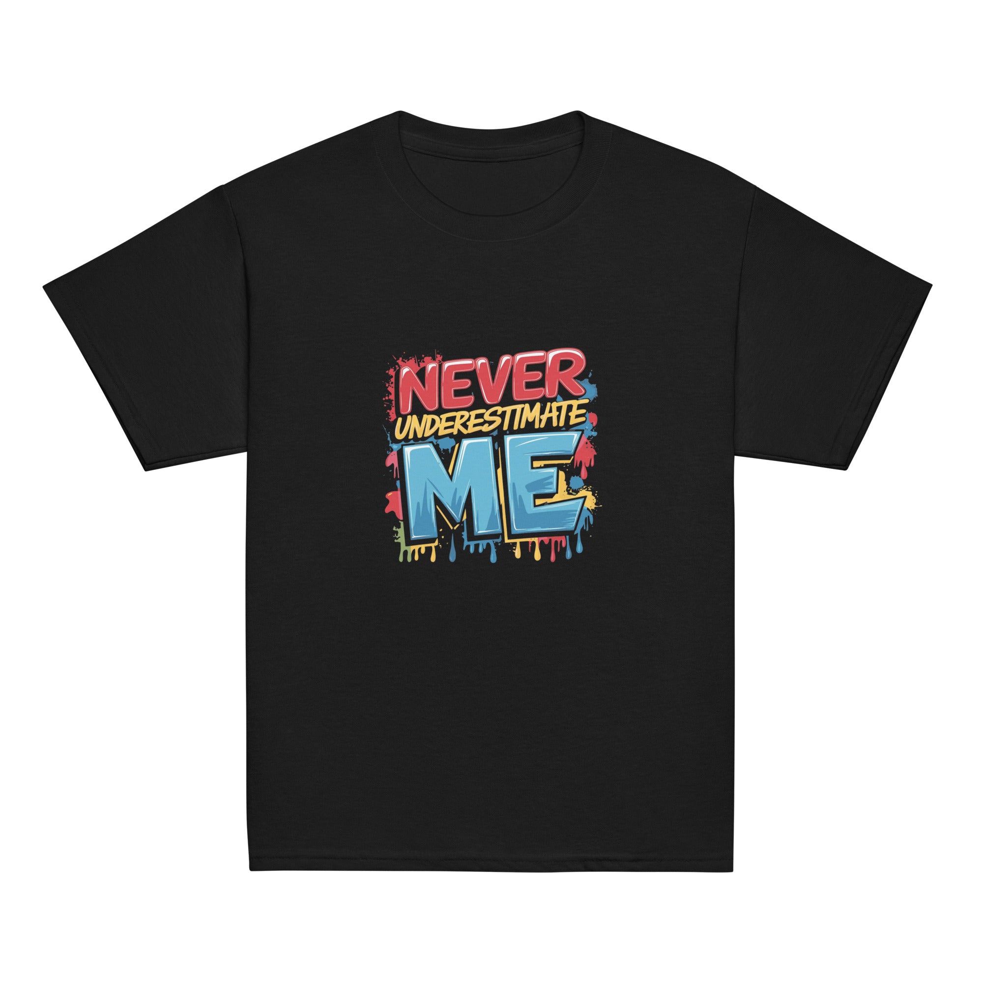 Fearless kids unisex black Gymplode t-shirt with Never Underestimate Me imprint, front view