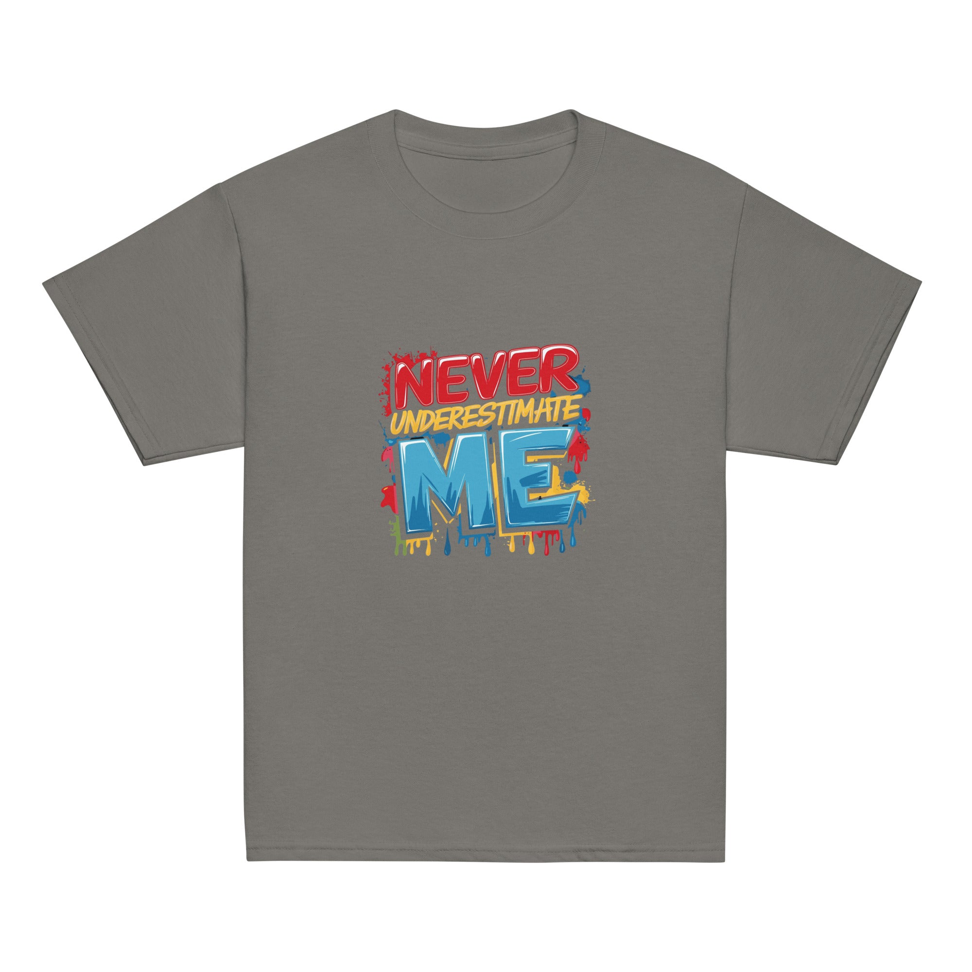 Fearless kids unisex charcoal Gymplode t-shirt with Never Underestimate Me imprint, front view
