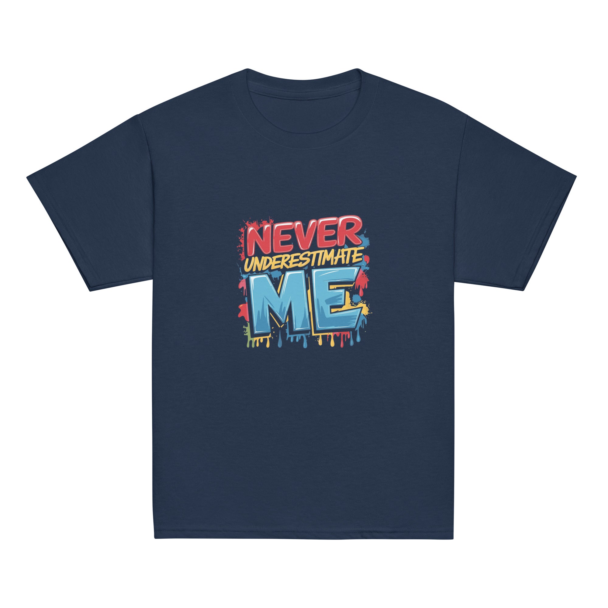 Fearless kids unisex navy Gymplode t-shirt with Never Underestimate Me imprint, front view