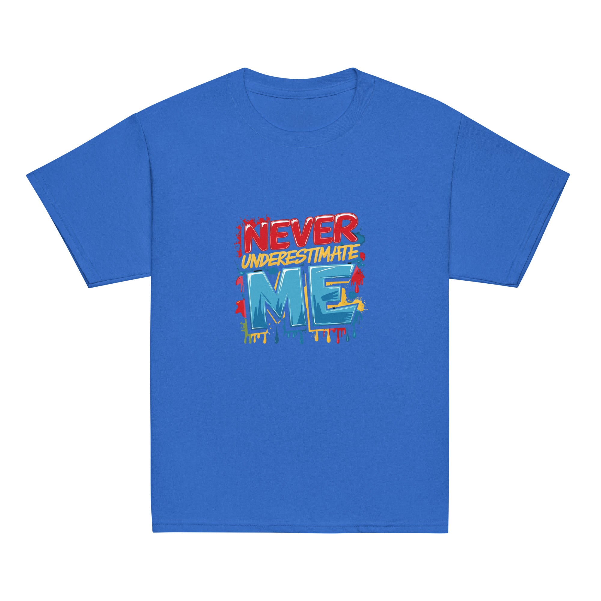 Fearless kids unisex royal Gymplode t-shirt with Never Underestimate Me imprint, front view