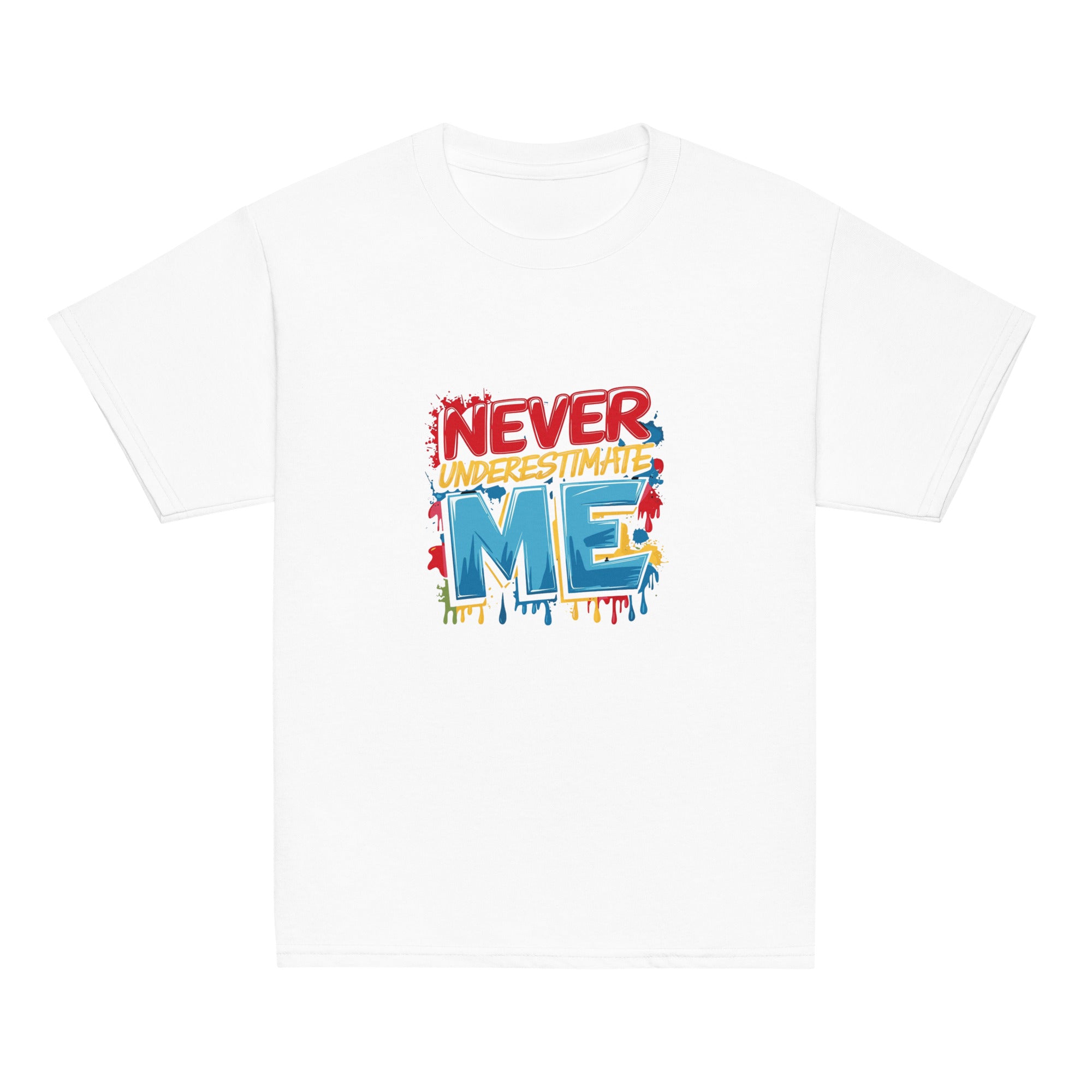 Fearless kids unisex white Gymplode t-shirt with Never Underestimate Me imprint, front view