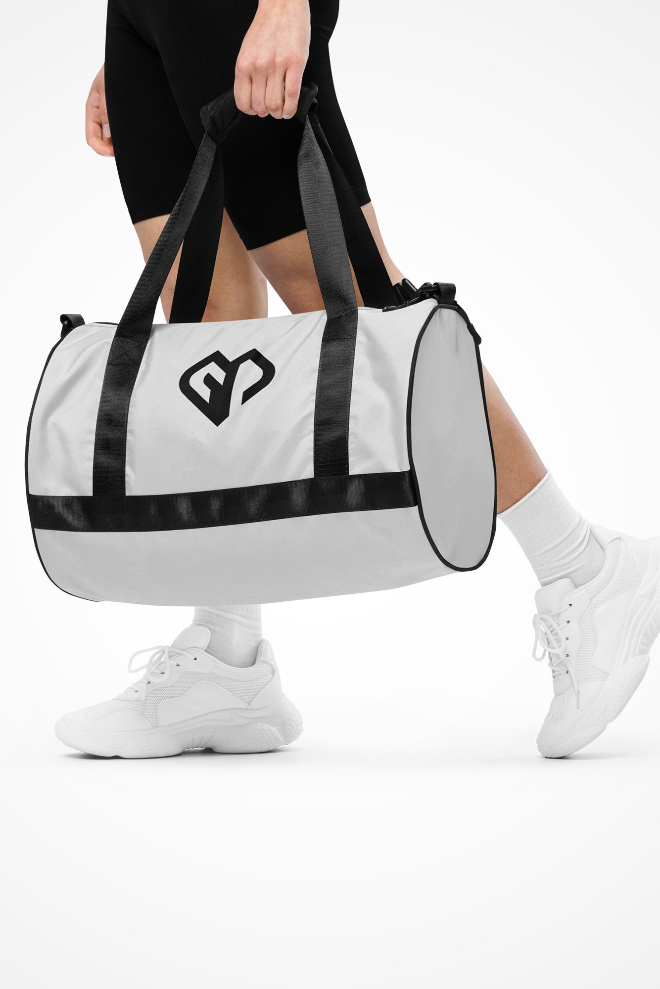Fog white rounded end Gymplode duffle bag with icon logo, front view with model