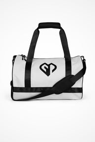 Fog white rounded end Gymplode duffle bag with icon logo, front view