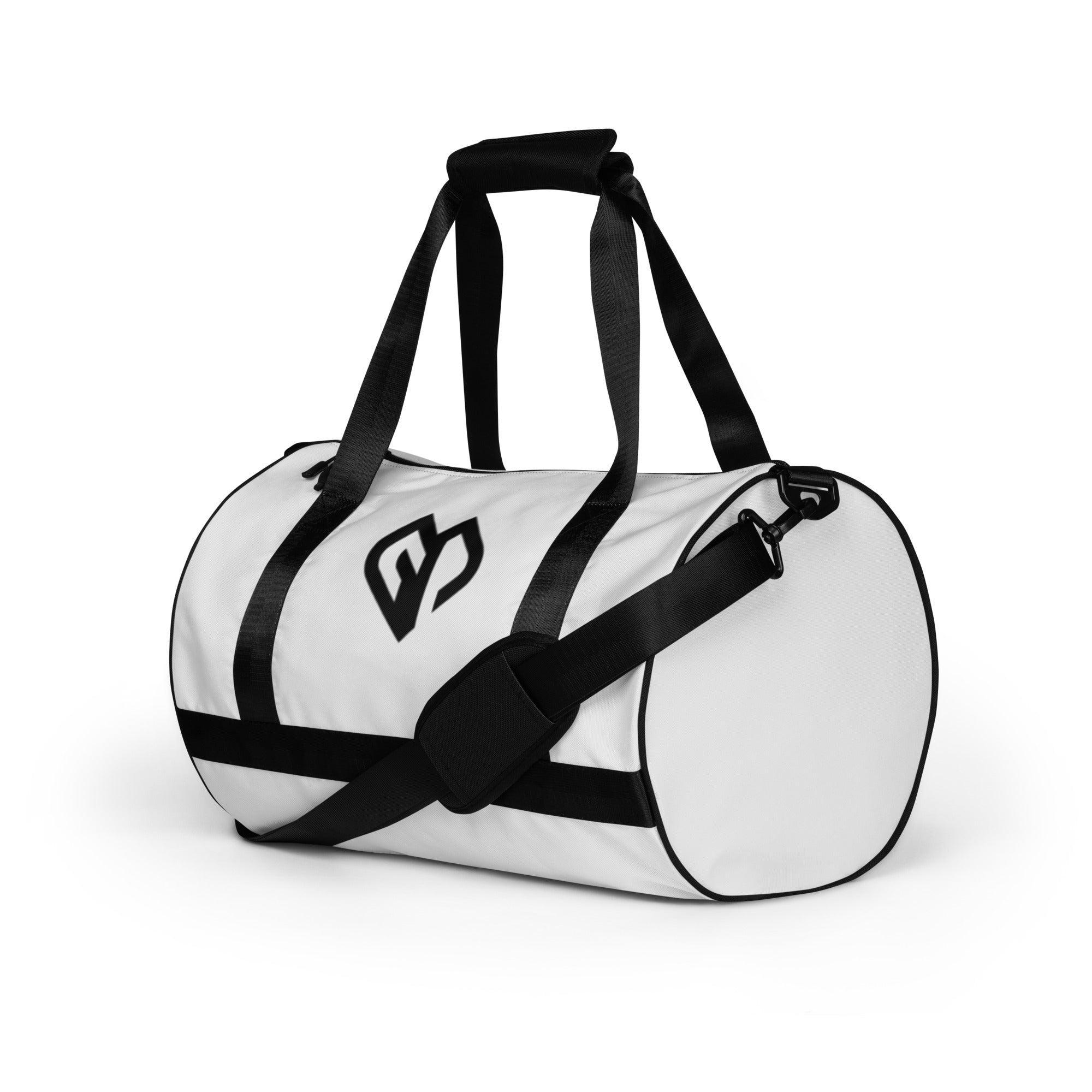 Fog white rounded end Gymplode duffle bag with icon logo, left front view