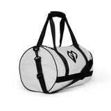 Fog white rounded end Gymplode duffle bag with icon logo, right front view