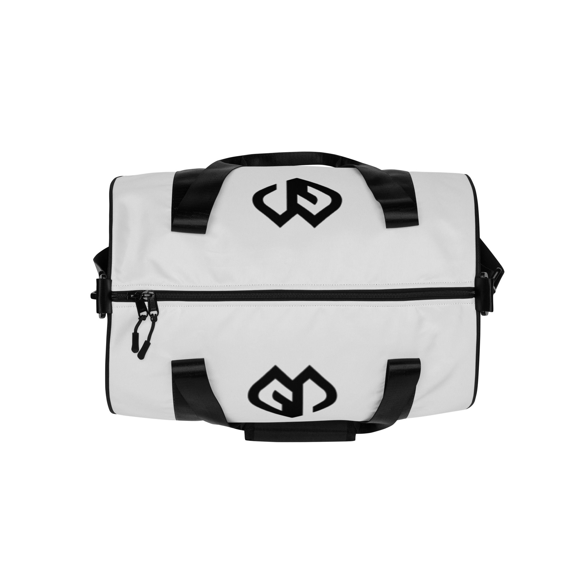 Fog white rounded end Gymplode duffle bag with icon logo on both sides, top view