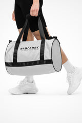 Fog white rounded end Gymplode duffle bag with signature logo, front view with model