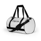 Fog white rounded end Gymplode duffle bag with signature logo, left front view