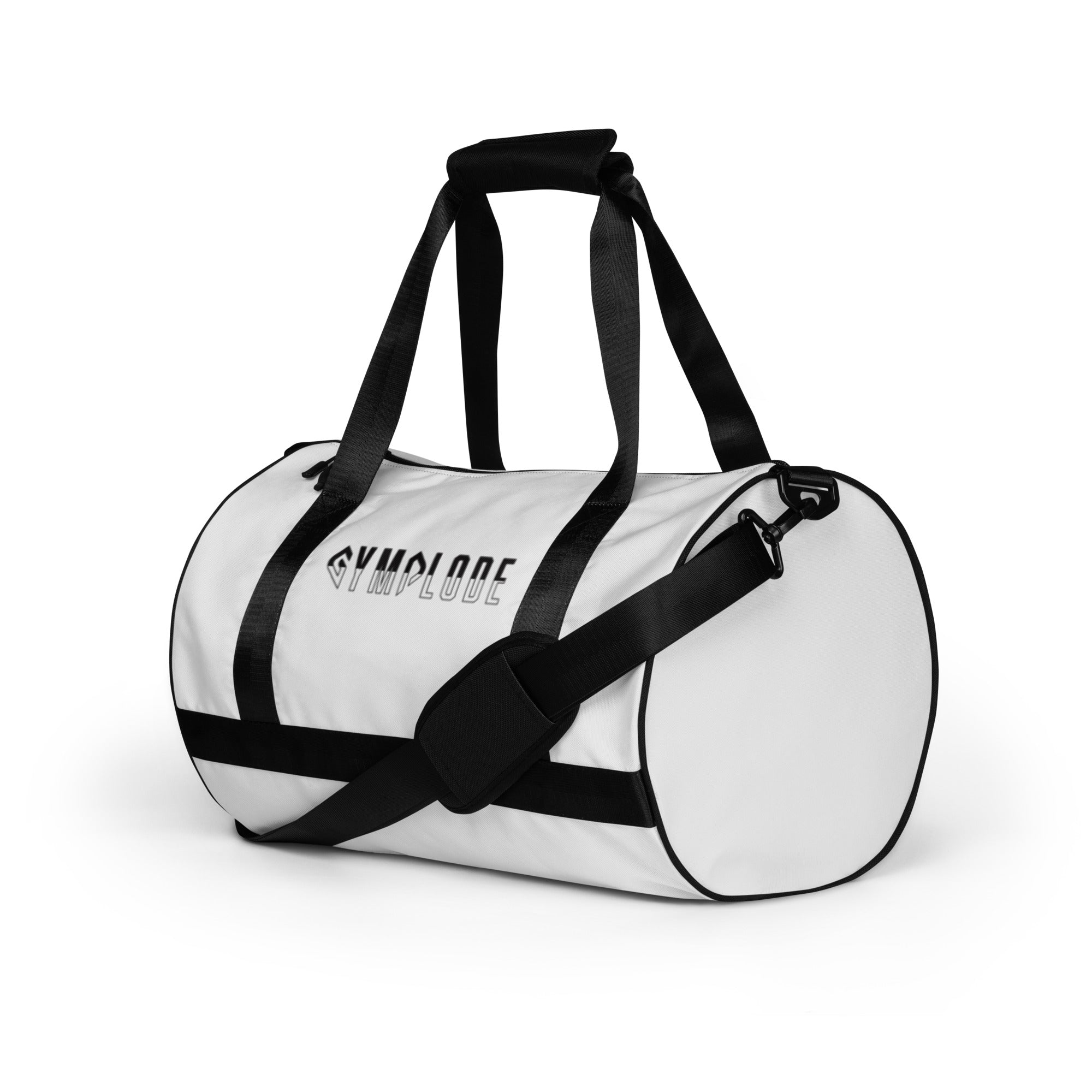 Fog white rounded end Gymplode duffle bag with signature logo, left front view