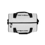 Fog white rounded end Gymplode duffle bag with signature logo on both sides, top view