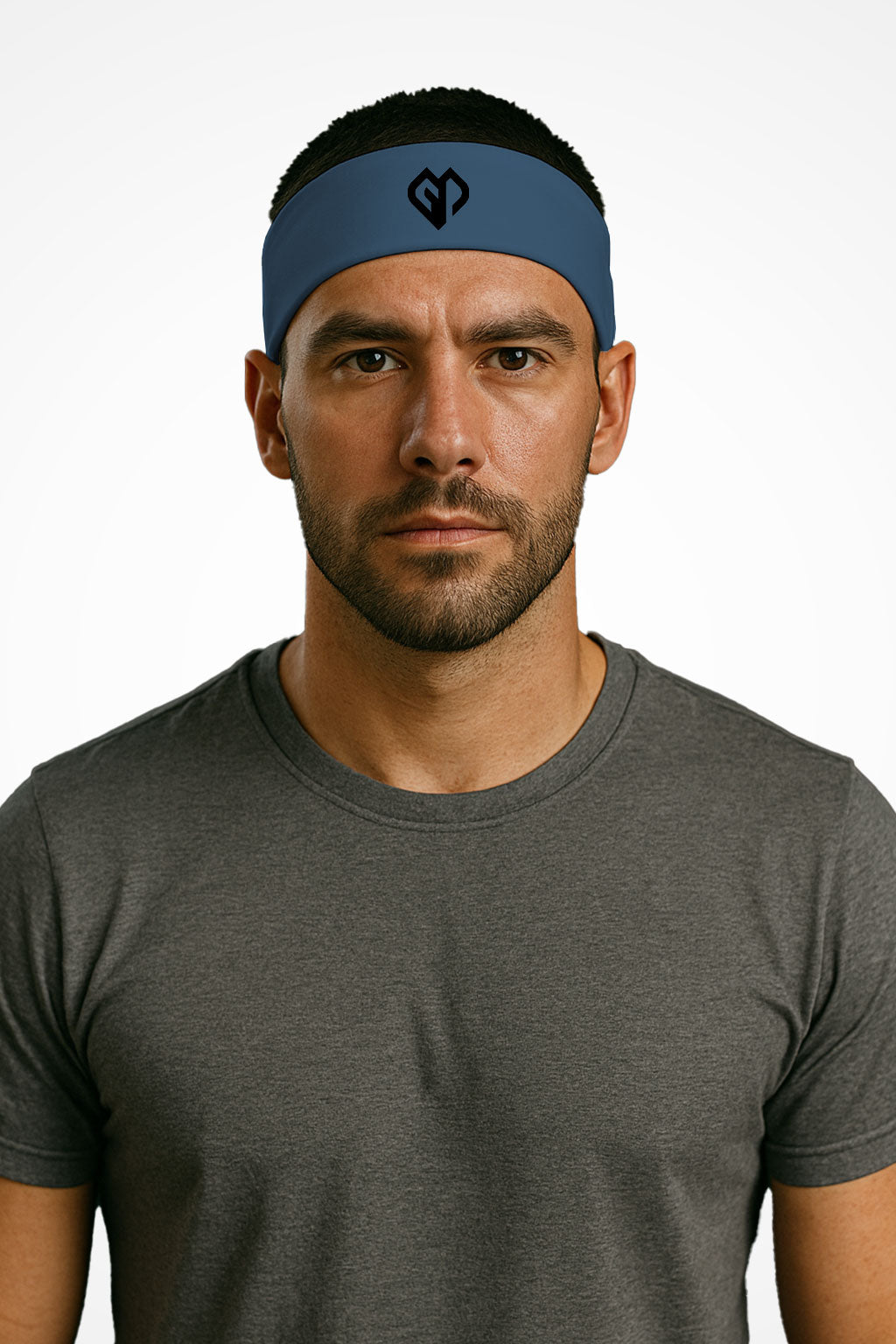 Galaxy blue Gymplode headband with icon logo, worn by male model