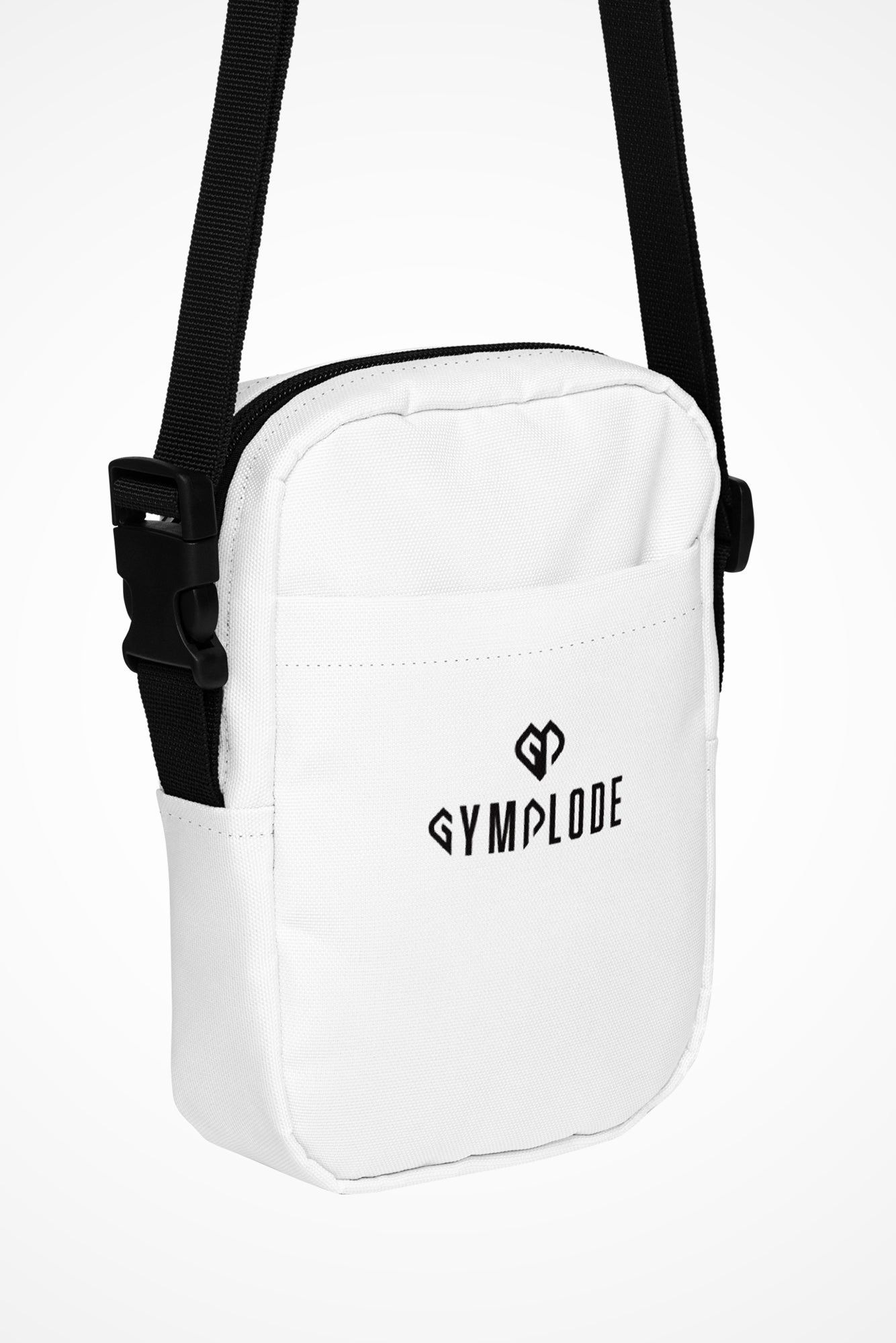 Ghost white Gymplode slingback utility bag with dual mark imprint, front view