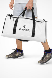 Ghost white square end Gymplode duffle bag with dual mark, front view with model