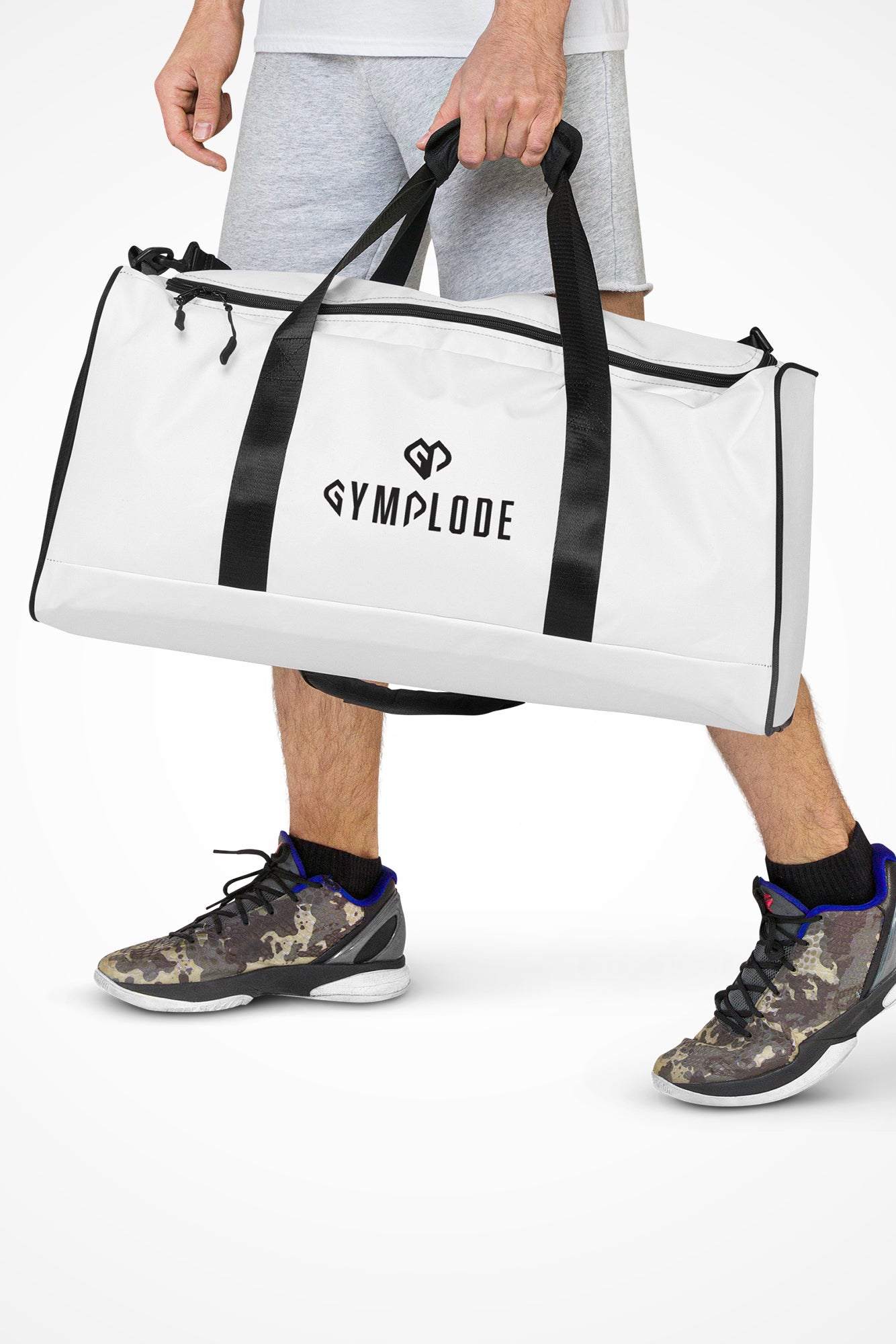 Ghost white square end Gymplode duffle bag with dual mark, front view with model