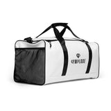 Ghost white square end Gymplode duffle bag with dual mark, right front view