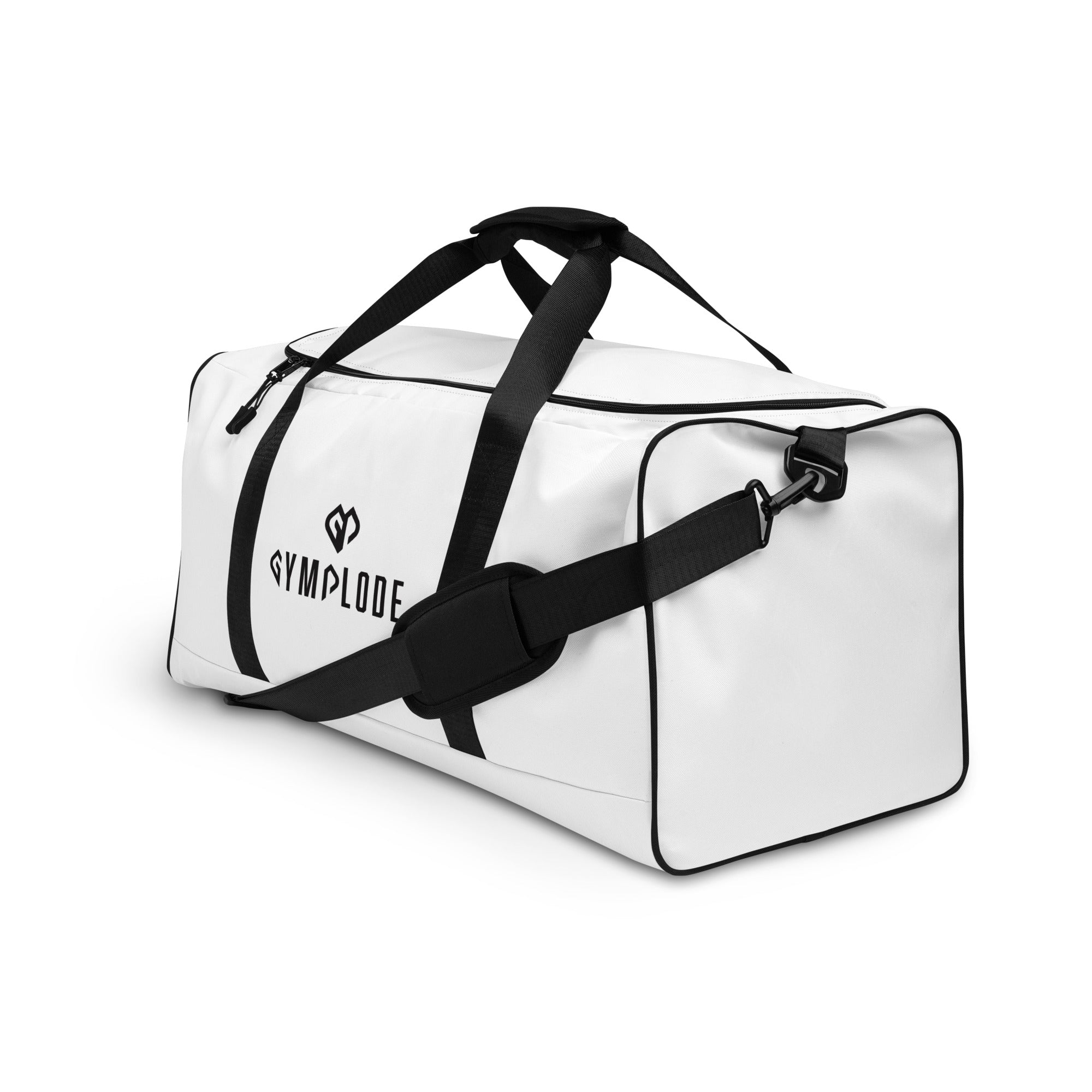 Ghost white square end Gymplode duffle bag with dual mark, left front view