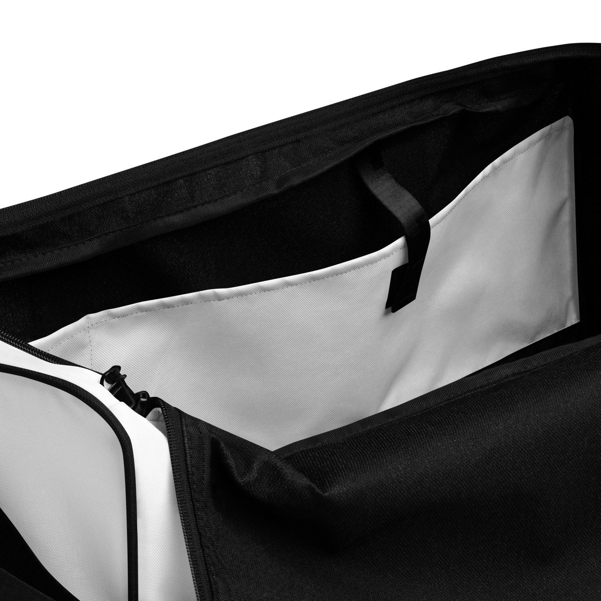 Ghost white square end Gymplode duffle bag with no print, inside pocket view