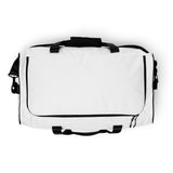 Ghost white square end Gymplode duffle bag with no print, top view