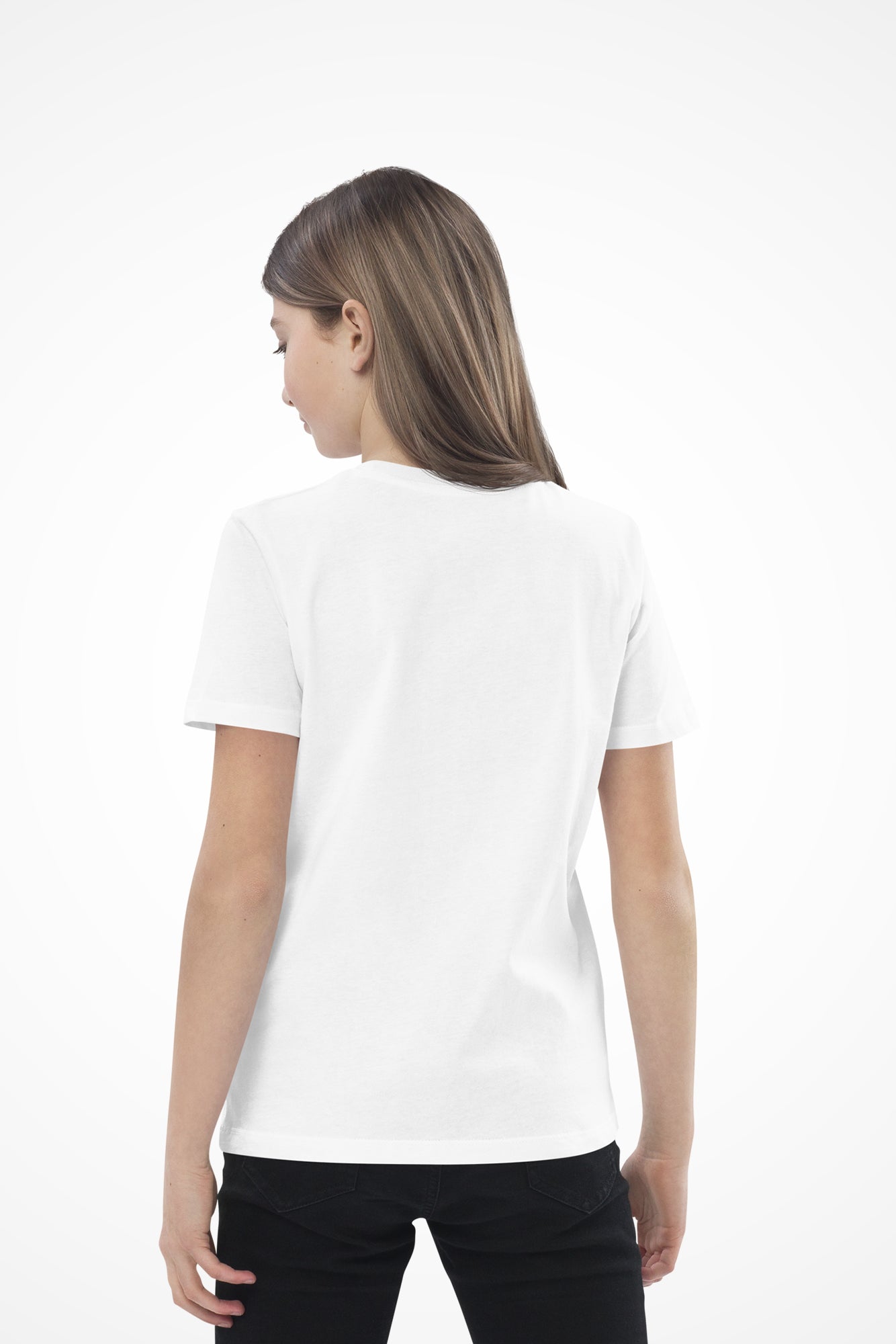 Girls cute Gymplode t-shirt with no print, back view with model