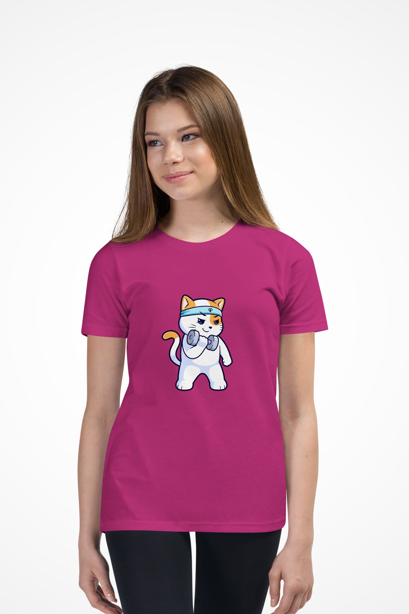 Girls Kitty Kat relaxed fit Gymplode t-shirt with icon logo, front view with kitty flexing wearing Gymplode headband