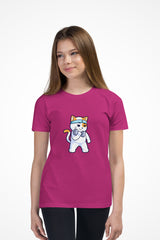 Girls Kitty Kat relaxed fit Gymplode t-shirt with icon logo, front view with kitty flexing wearing Gymplode headband