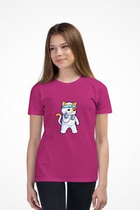 Girls Kitty Kat relaxed fit Gymplode t-shirt with icon logo, front view with kitty flexing wearing Gymplode headband