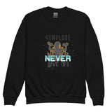 Girls Never Give Up black Gymplode crewneck sweatshirt with signature logo, front view