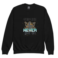 Girls Never Give Up black Gymplode crewneck sweatshirt with signature logo, front view